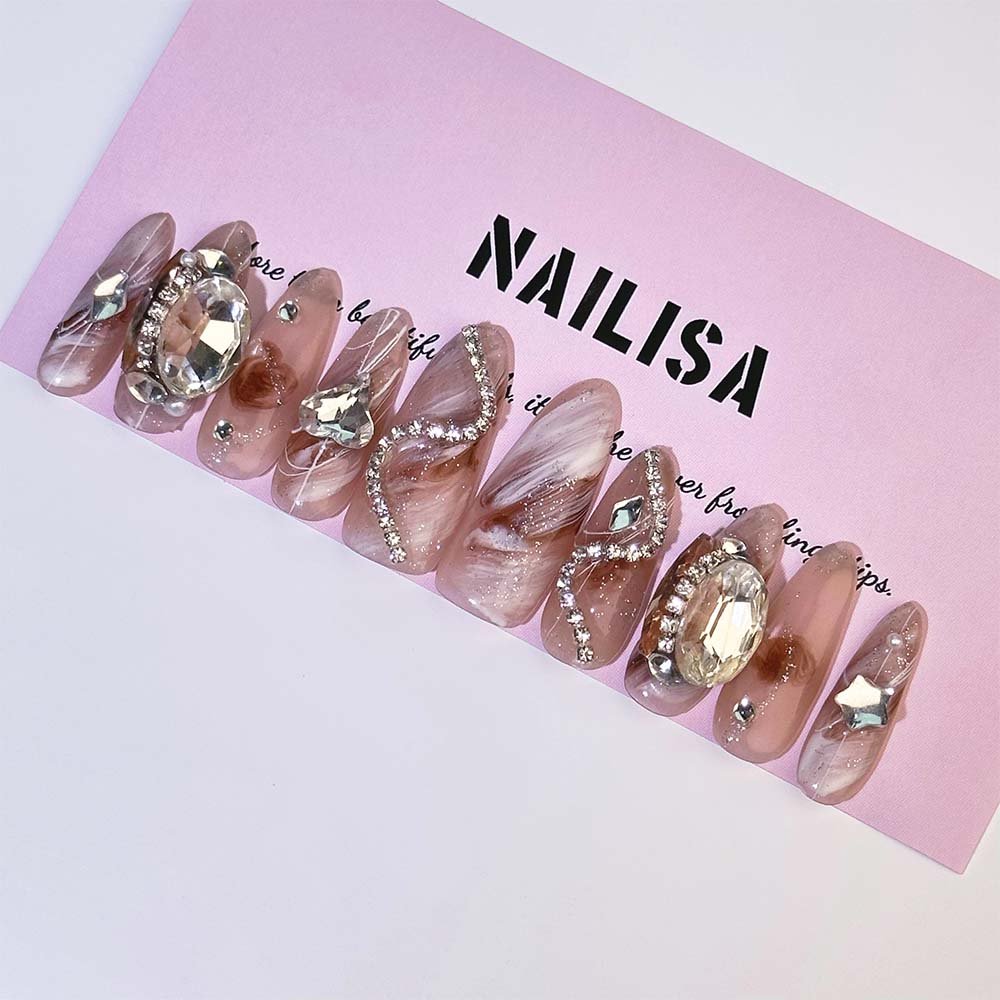 Nude Pink French Tip Press-On Nails with Rhinestones | Long Almond