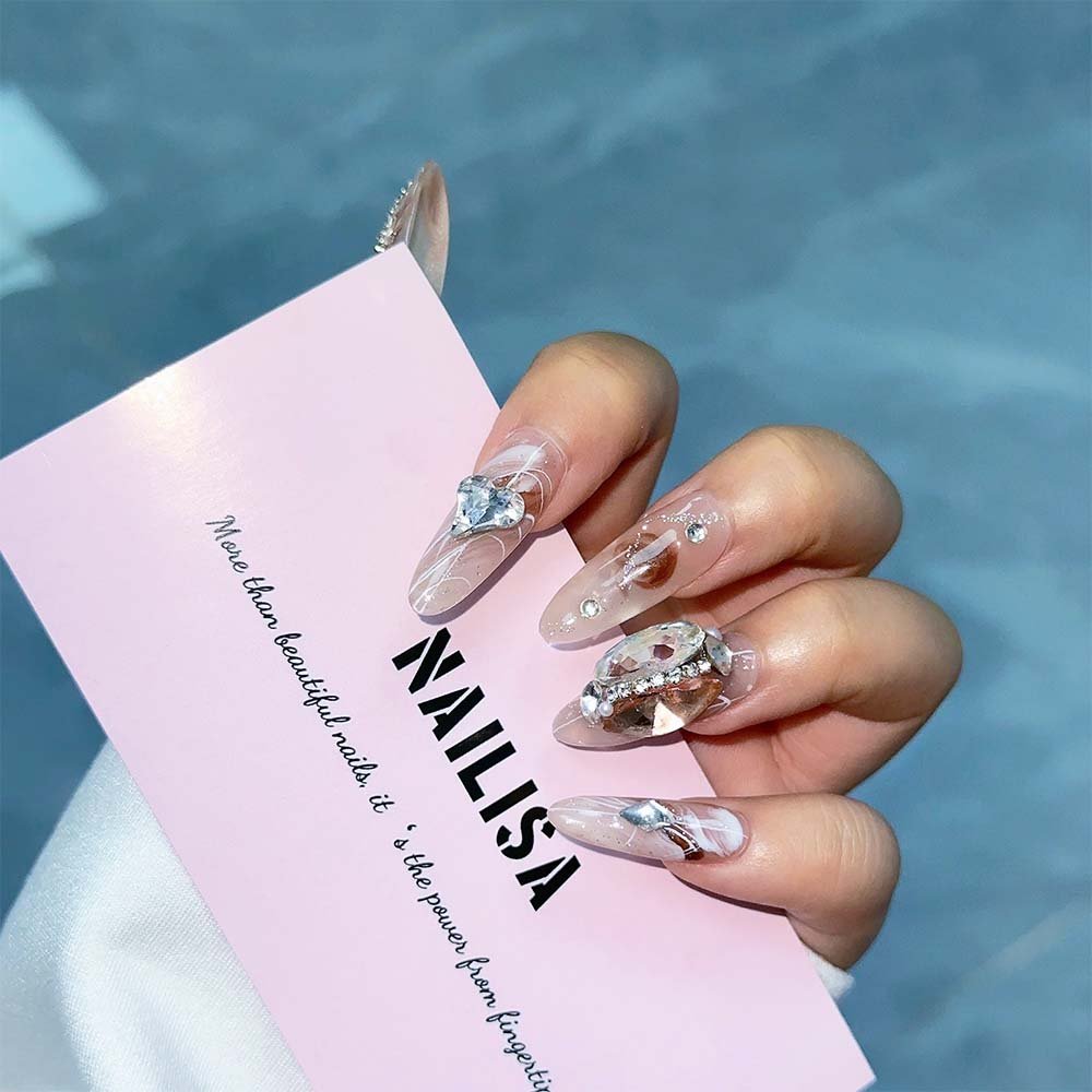 Nude Pink French Tip Press-On Nails with Rhinestones | Long Almond - Image 3