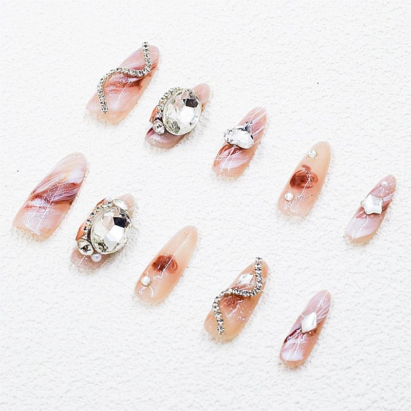 Nude Pink French Tip Press-On Nails with Rhinestones | Long Almond - Image 4