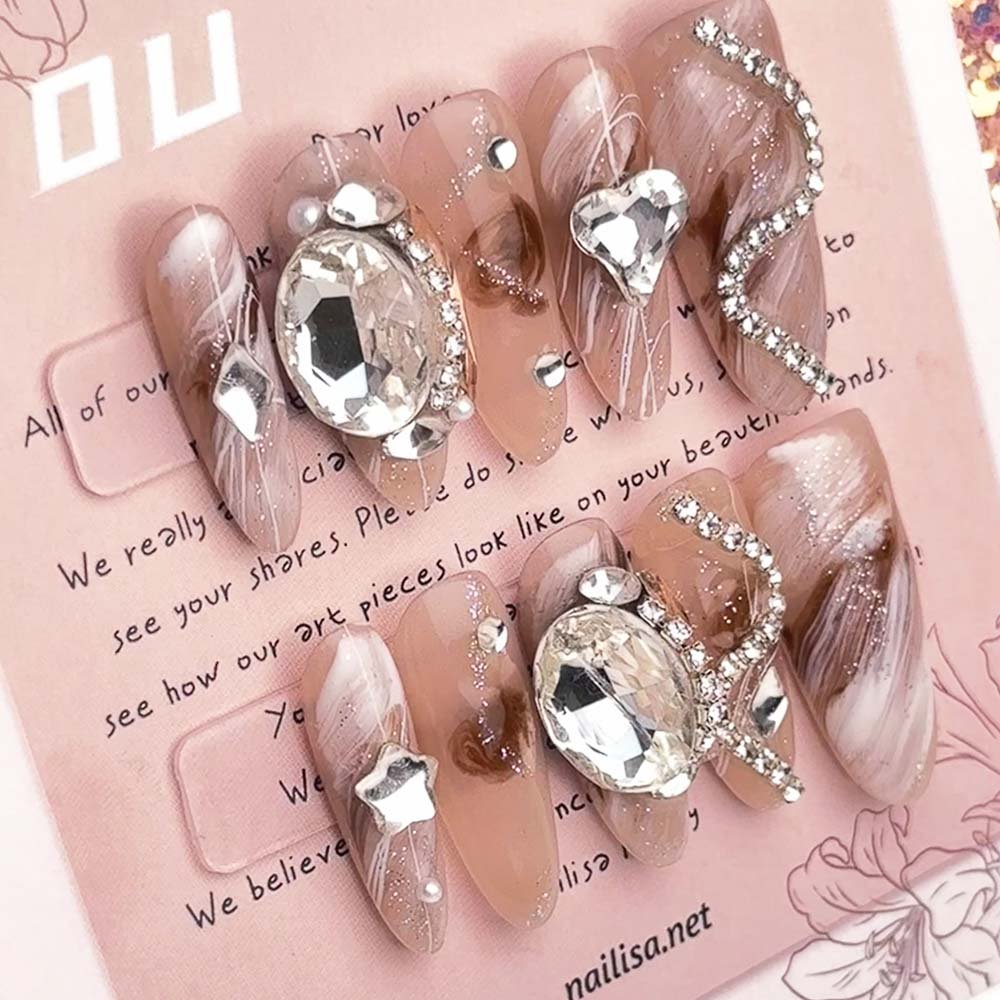 Nude Pink French Tip Press-On Nails with Rhinestones | Long Almond - Image 5