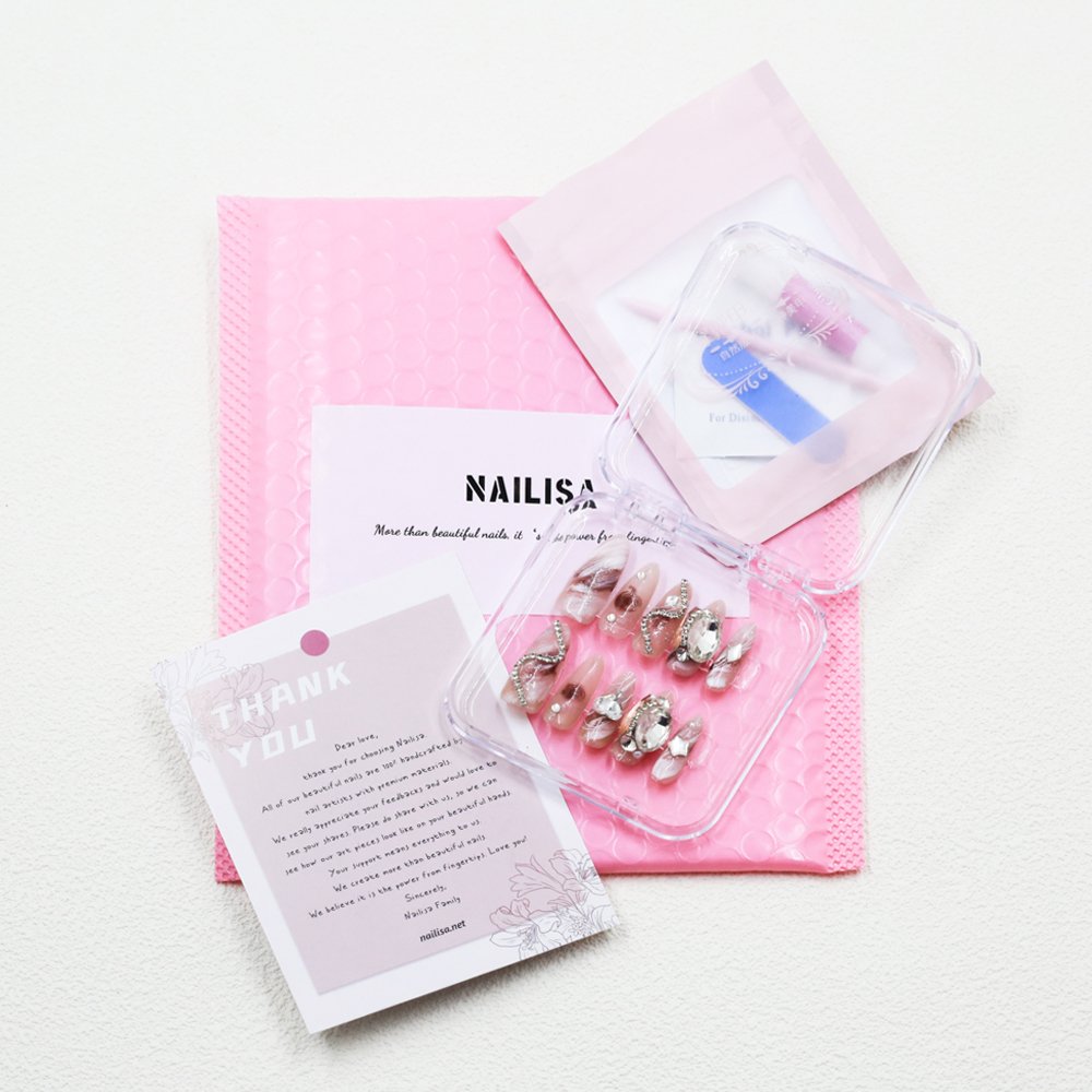 Nude Pink French Tip Press-On Nails with Rhinestones | Long Almond - Image 6