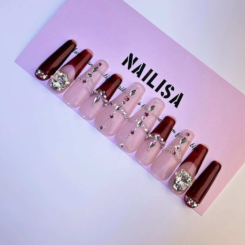 Wine Red French Tip Press-On Nails with Rhinestone Chain | Long