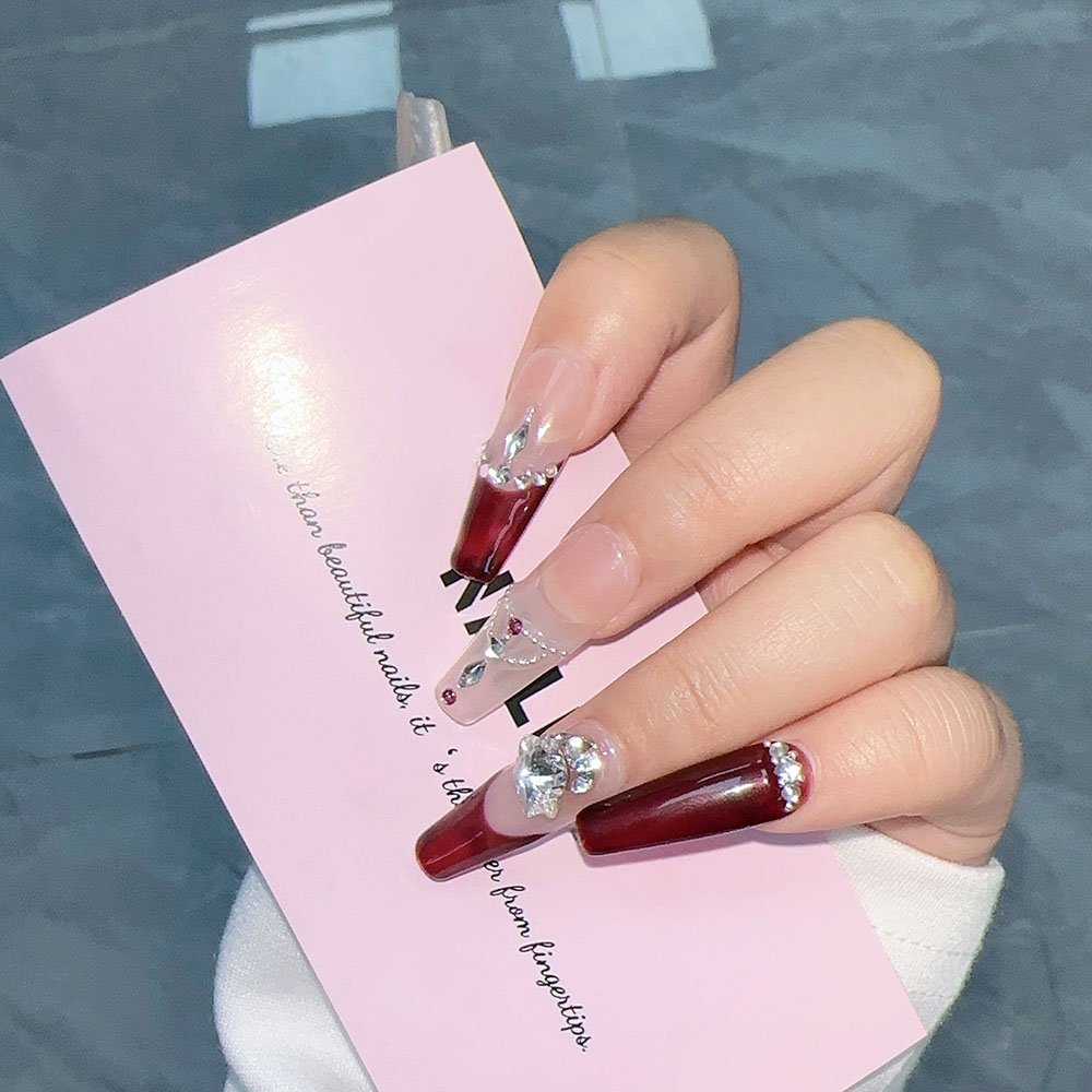 Wine Red French Tip Press-On Nails with Rhinestone Chain | Long - Image 2