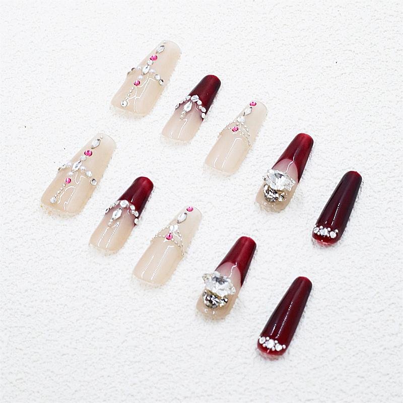 Wine Red French Tip Press-On Nails with Rhinestone Chain | Long - Image 3