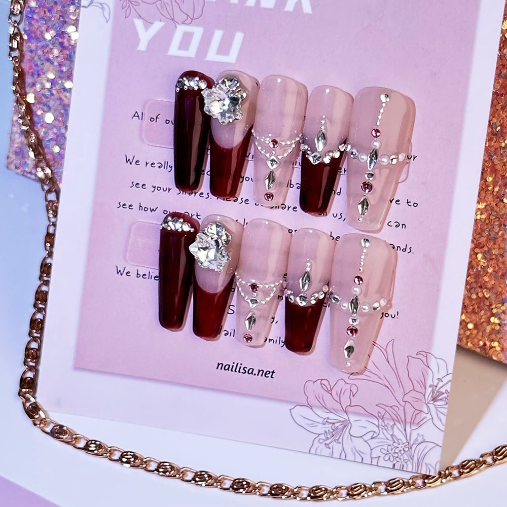 Wine Red French Tip Press-On Nails with Rhinestone Chain | Long - Image 4