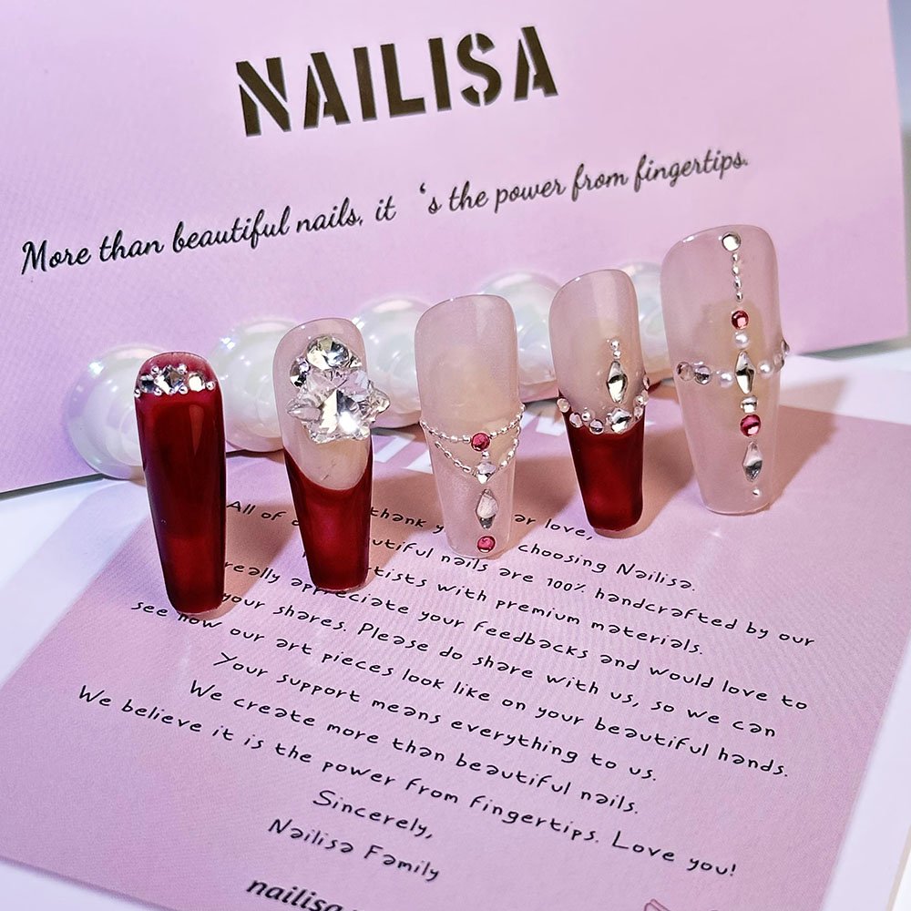 Wine Red French Tip Press-On Nails with Rhinestone Chain | Long - Image 5