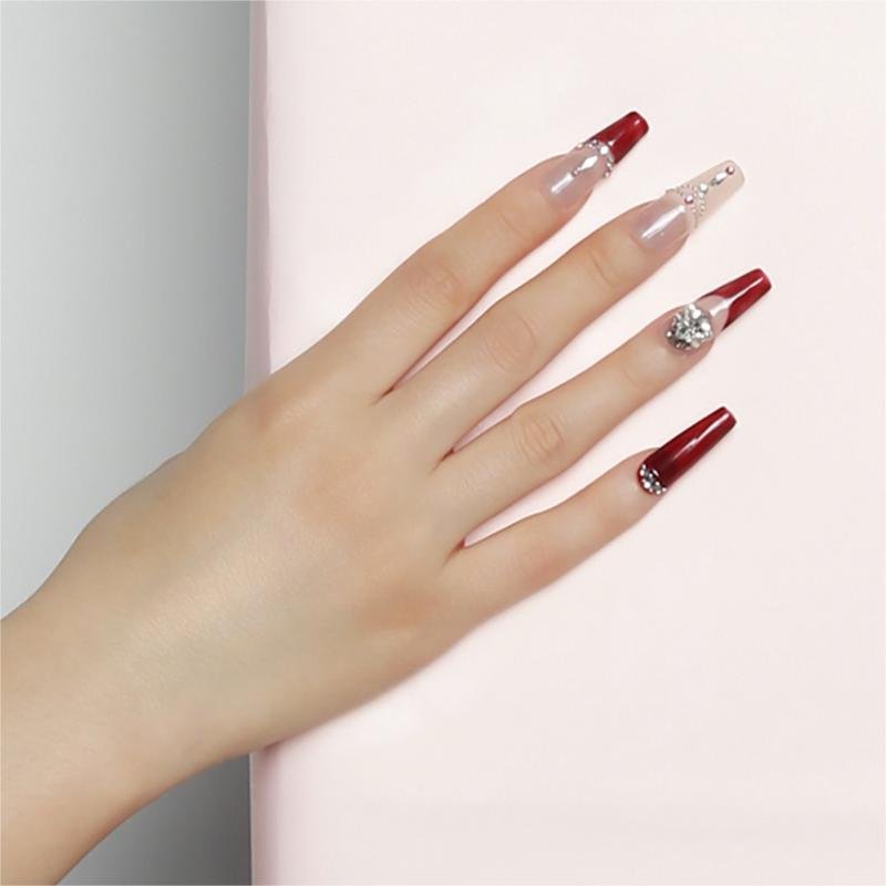 Wine Red French Tip Press-On Nails with Rhinestone Chain | Long - Image 6