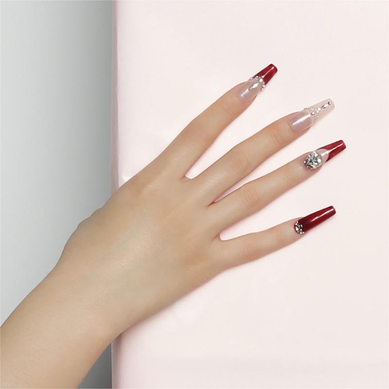 Wine Red French Tip Press-On Nails with Rhinestone Chain | Long - Image 7