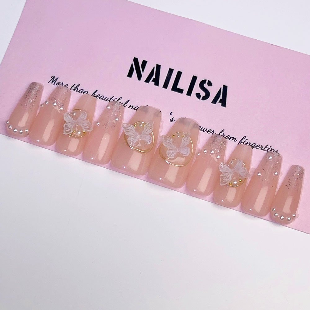 Nude Pink Sheer Press-On Nails with 3D Butterfly Bow | Long Pearl Glitter