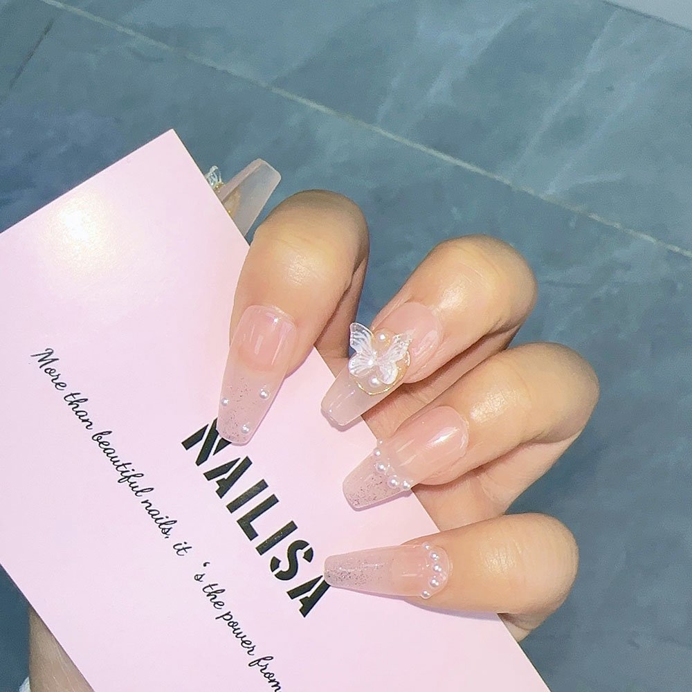Nude Pink Sheer Press-On Nails with 3D Butterfly Bow | Long Pearl Glitter - Image 2