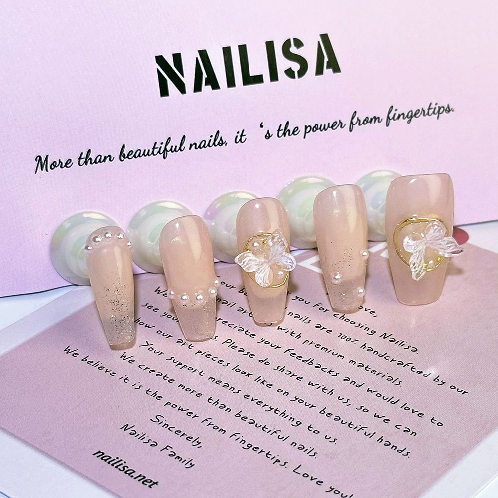 Nude Pink Sheer Press-On Nails with 3D Butterfly Bow | Long Pearl Glitter - Image 5