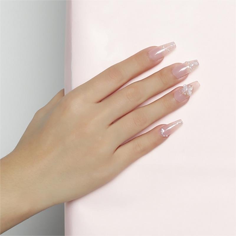 Nude Pink Sheer Press-On Nails with 3D Butterfly Bow | Long Pearl Glitter - Image 6
