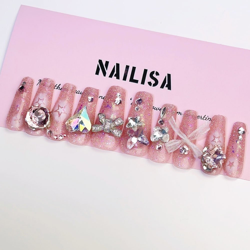 Pink Glitter Press-On Nails with Rhinestone Bow, Heart & Star | Long Sweet
