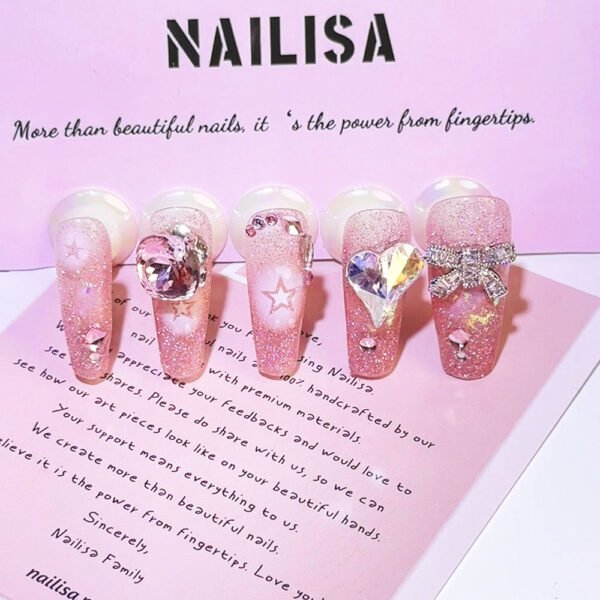 Pink Glitter Press-On Nails with Rhinestone Bow, Heart & Star | Long Sweet - Image 3
