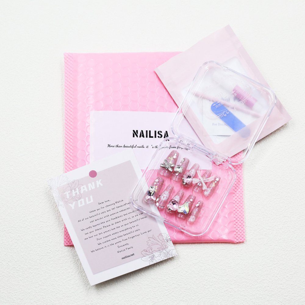 Pink Glitter Press-On Nails with Rhinestone Bow, Heart & Star | Long Sweet - Image 7