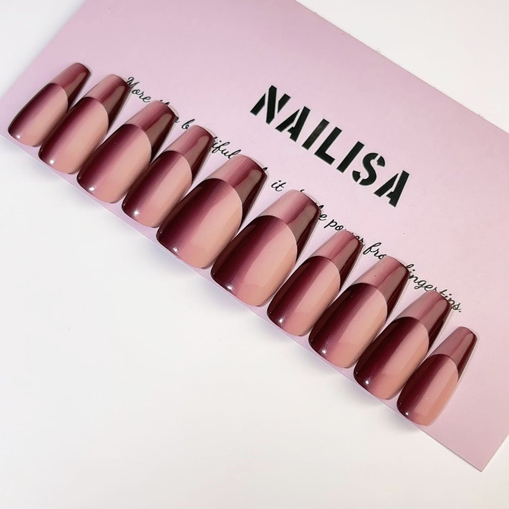 Nude Pink & Plum French Gradient Press-On Nails | Long Minimal