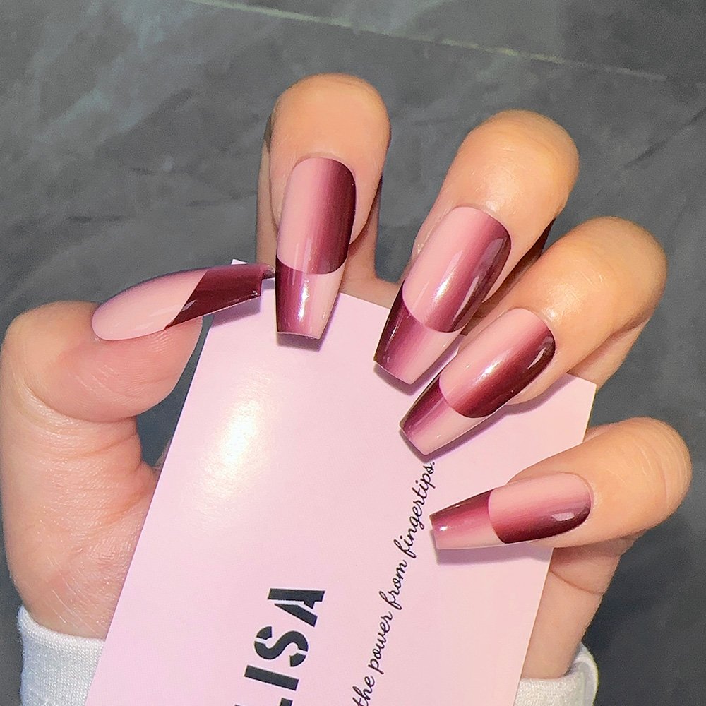 Nude Pink & Plum French Gradient Press-On Nails | Long Minimal - Image 2