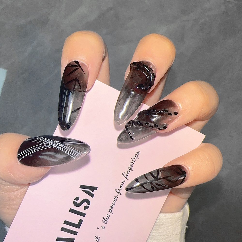Dark Green Abstract Blended Stiletto Press-On Nails | Gothic Art - Image 2
