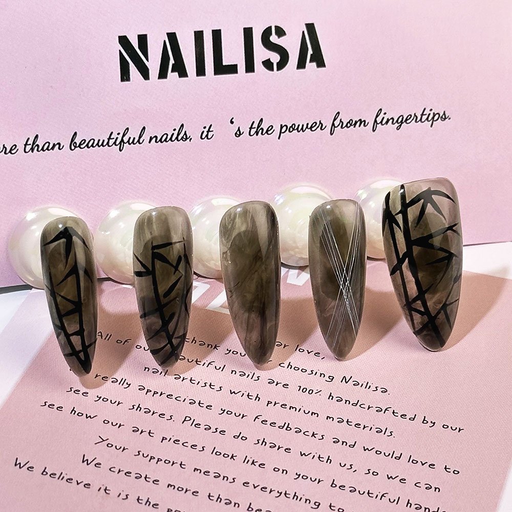 Dark Green Abstract Blended Stiletto Press-On Nails | Gothic Art - Image 4