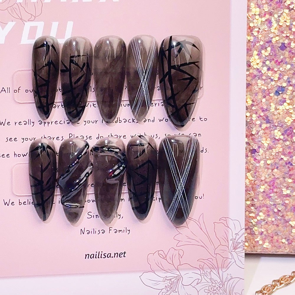 Dark Green Abstract Blended Stiletto Press-On Nails | Gothic Art - Image 5