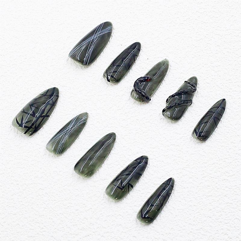Dark Green Abstract Blended Stiletto Press-On Nails | Gothic Art - Image 6