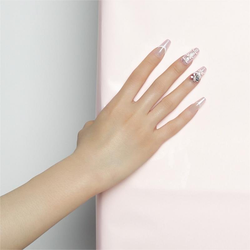 Ongles press-on français nacrés rose nude avec nœud et strass | Longs mariée - Image 3