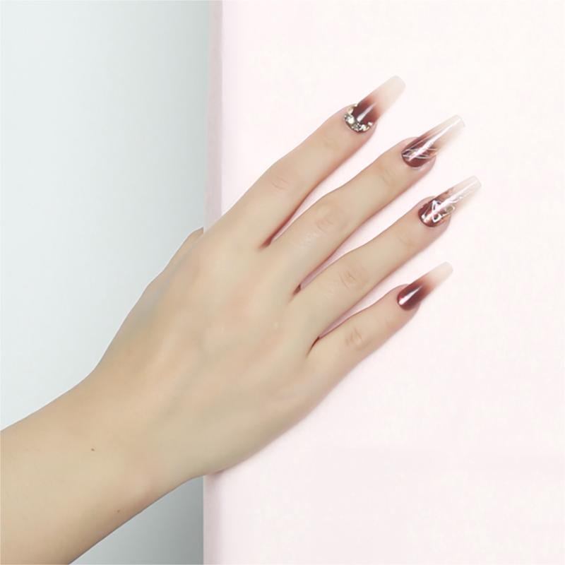 Uñas postizas trapezoidales ámbar caramelo degradado con mariposa pintada | Largas - Image 3