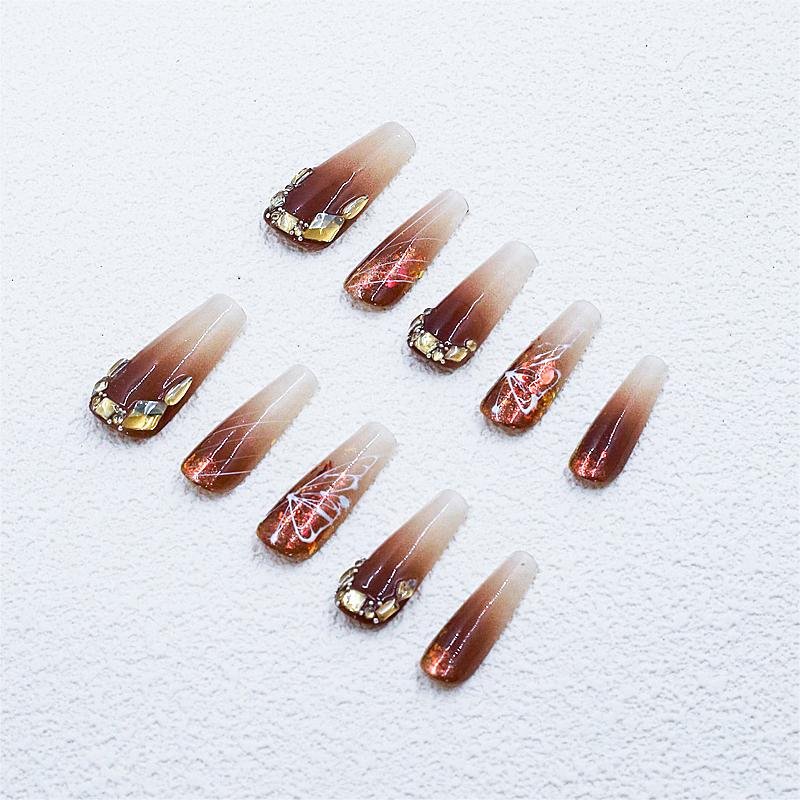 Uñas postizas trapezoidales ámbar caramelo degradado con mariposa pintada | Largas - Image 4