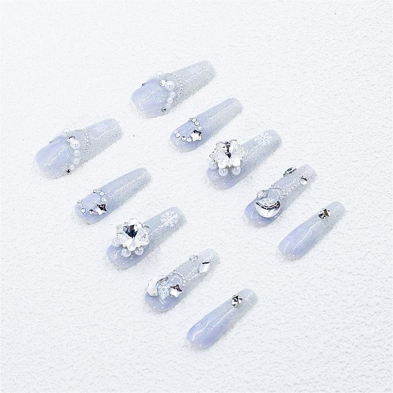 Uñas postizas azul hielo con purpurina, copo de nieve 3D y perlas | Largas - Image 6