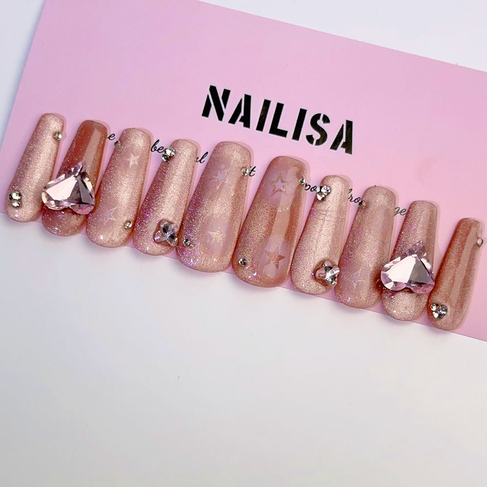Pink-Lila Glitzer-Trapez-Press-On-Nägel mit Kristalltropfen & Sternlinien | Lang