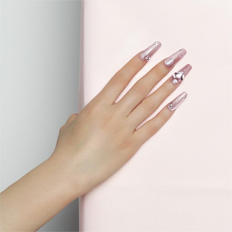 Pink-Lila Glitzer-Trapez-Press-On-Nägel mit Kristalltropfen & Sternlinien | Lang - Image 3