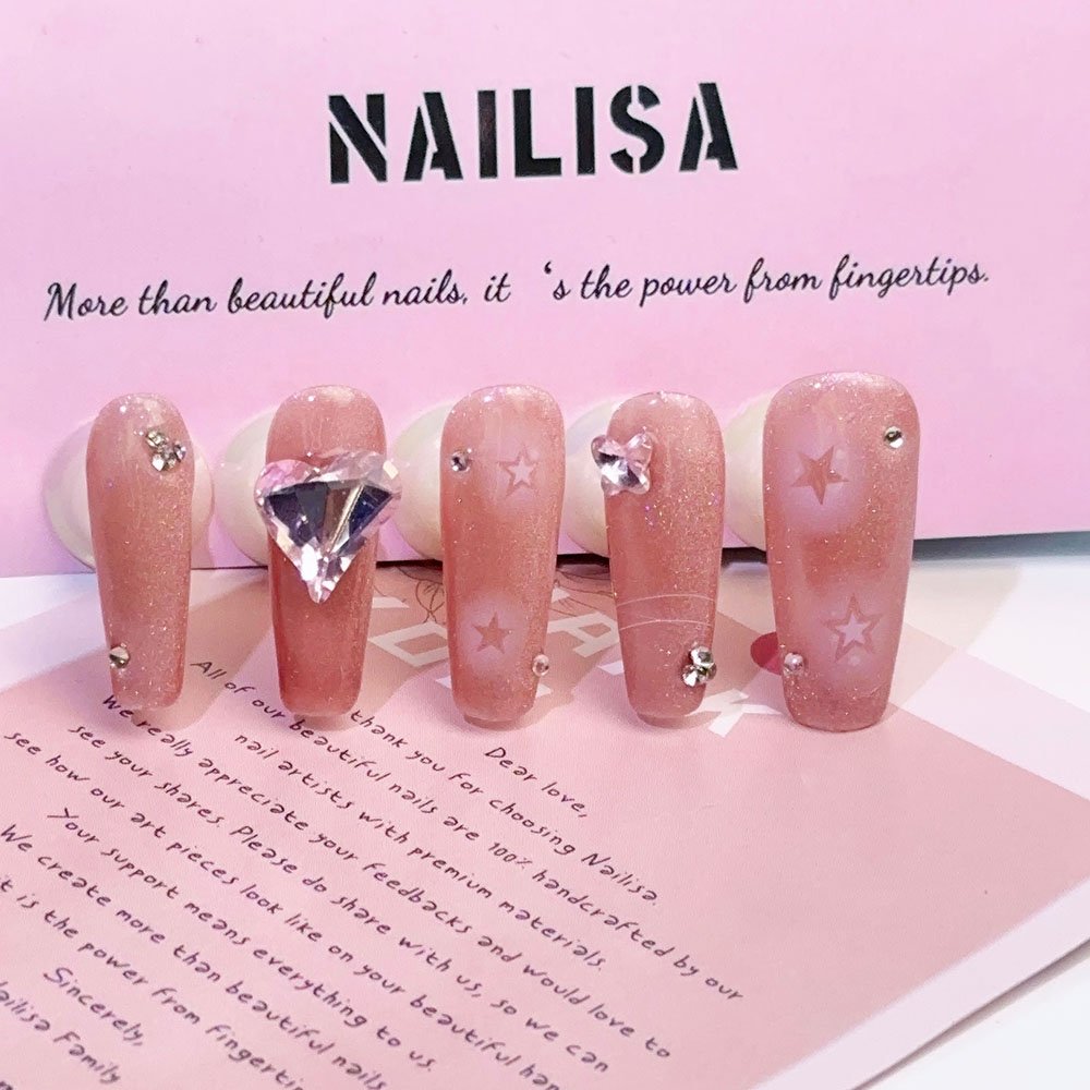 Pink-Lila Glitzer-Trapez-Press-On-Nägel mit Kristalltropfen & Sternlinien | Lang - Image 4