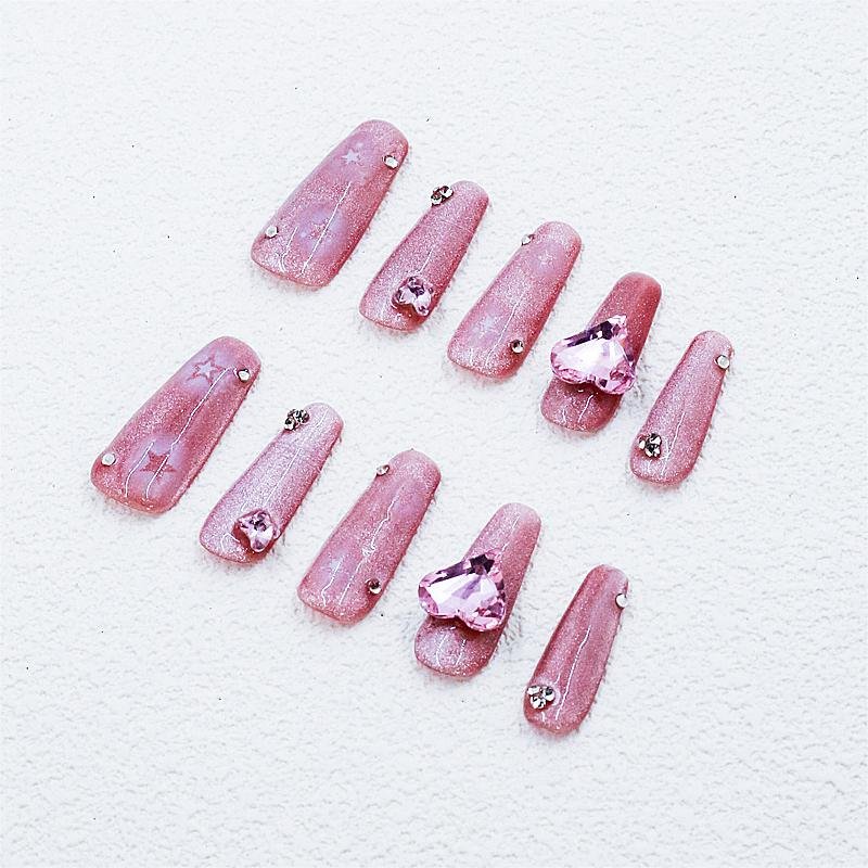 Pink-Lila Glitzer-Trapez-Press-On-Nägel mit Kristalltropfen & Sternlinien | Lang - Image 6