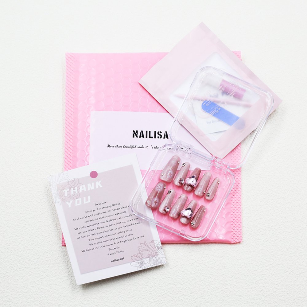 Pink-Lila Glitzer-Trapez-Press-On-Nägel mit Kristalltropfen & Sternlinien | Lang - Image 7