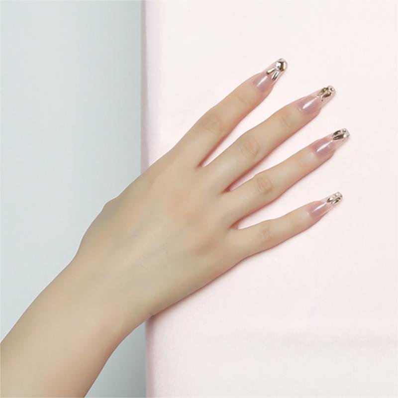 Nude-Pink French-Press-On-Nägel mit goldener Schleife & Strasskette | Lang - Image 3