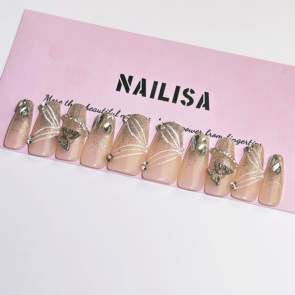 Transparente Nude-Braut-Press-On-Nägel mit Strass-Schleife & Perlen | Lang
