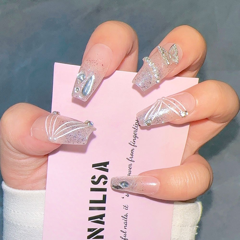 Transparente Nude-Braut-Press-On-Nägel mit Strass-Schleife & Perlen | Lang - Image 2
