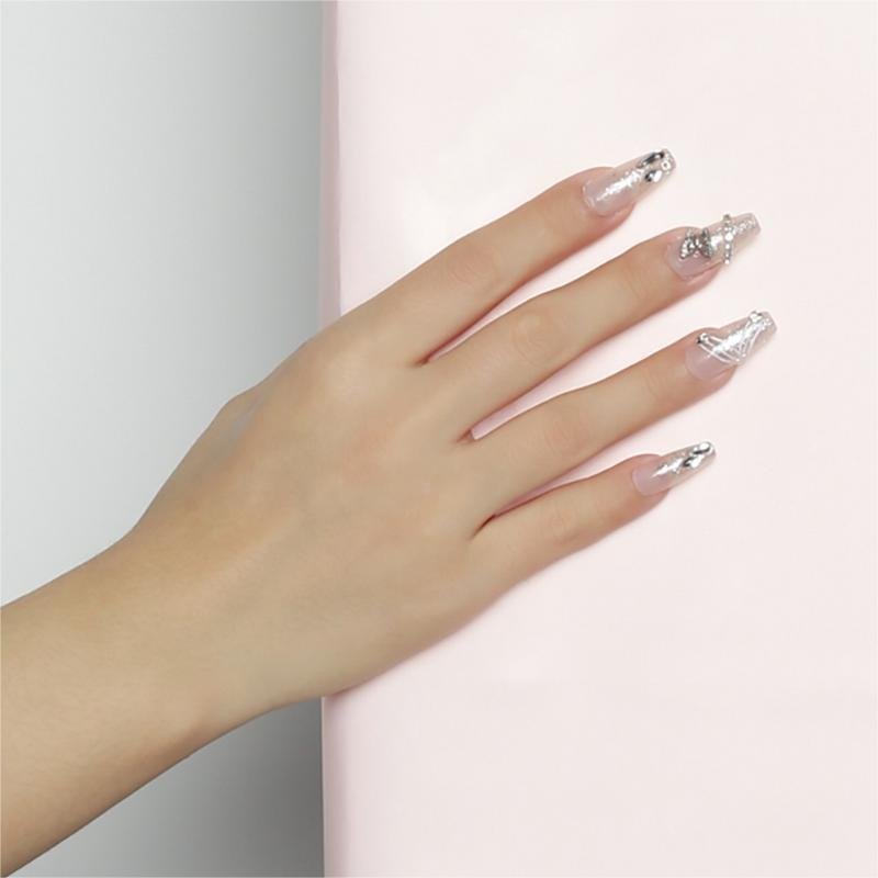 Transparente Nude-Braut-Press-On-Nägel mit Strass-Schleife & Perlen | Lang - Image 3
