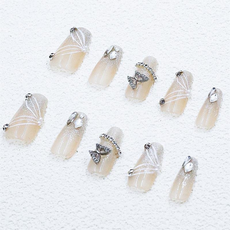 Transparente Nude-Braut-Press-On-Nägel mit Strass-Schleife & Perlen | Lang - Image 6