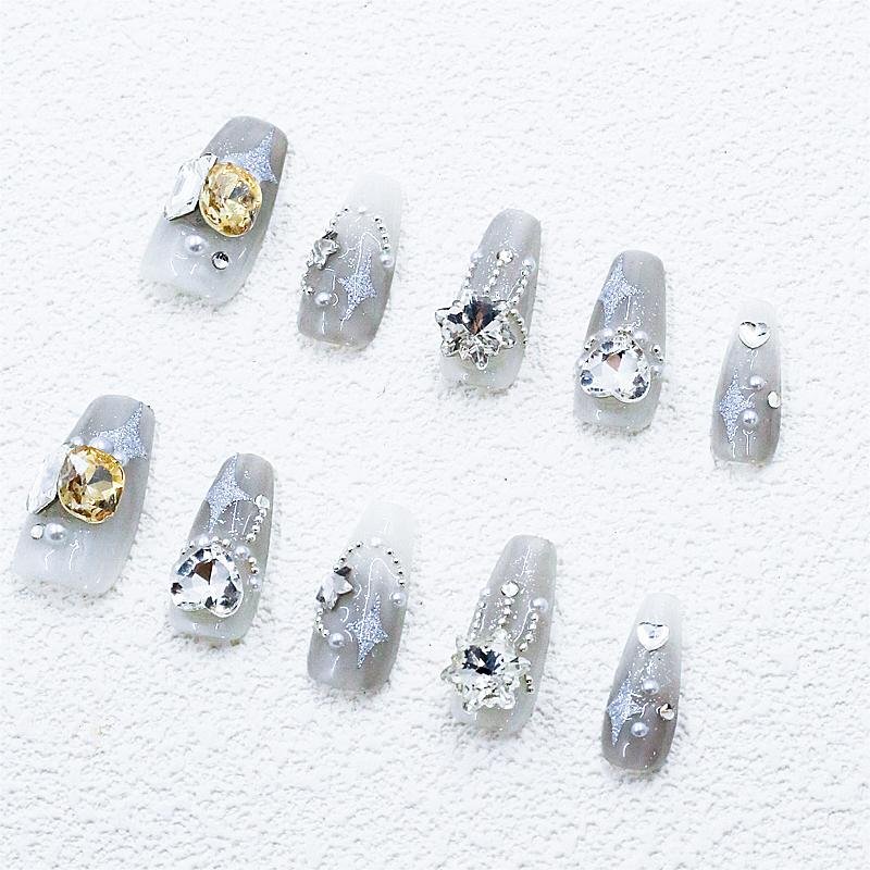 Uñas postizas translúcidas con purpurina, estrellas, copos y perlas de pedrería | Largas - Image 6