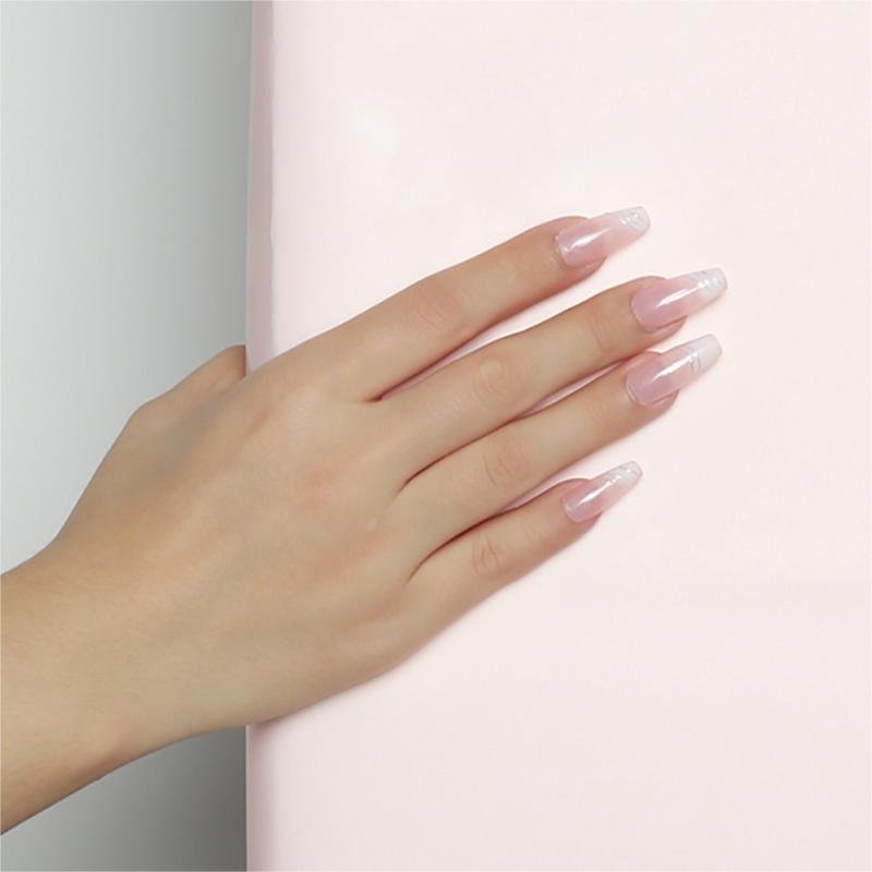 Unghie press-on francesi trapezoidali rosa nude sfumate con linee bianche | Lunghe - Image 3
