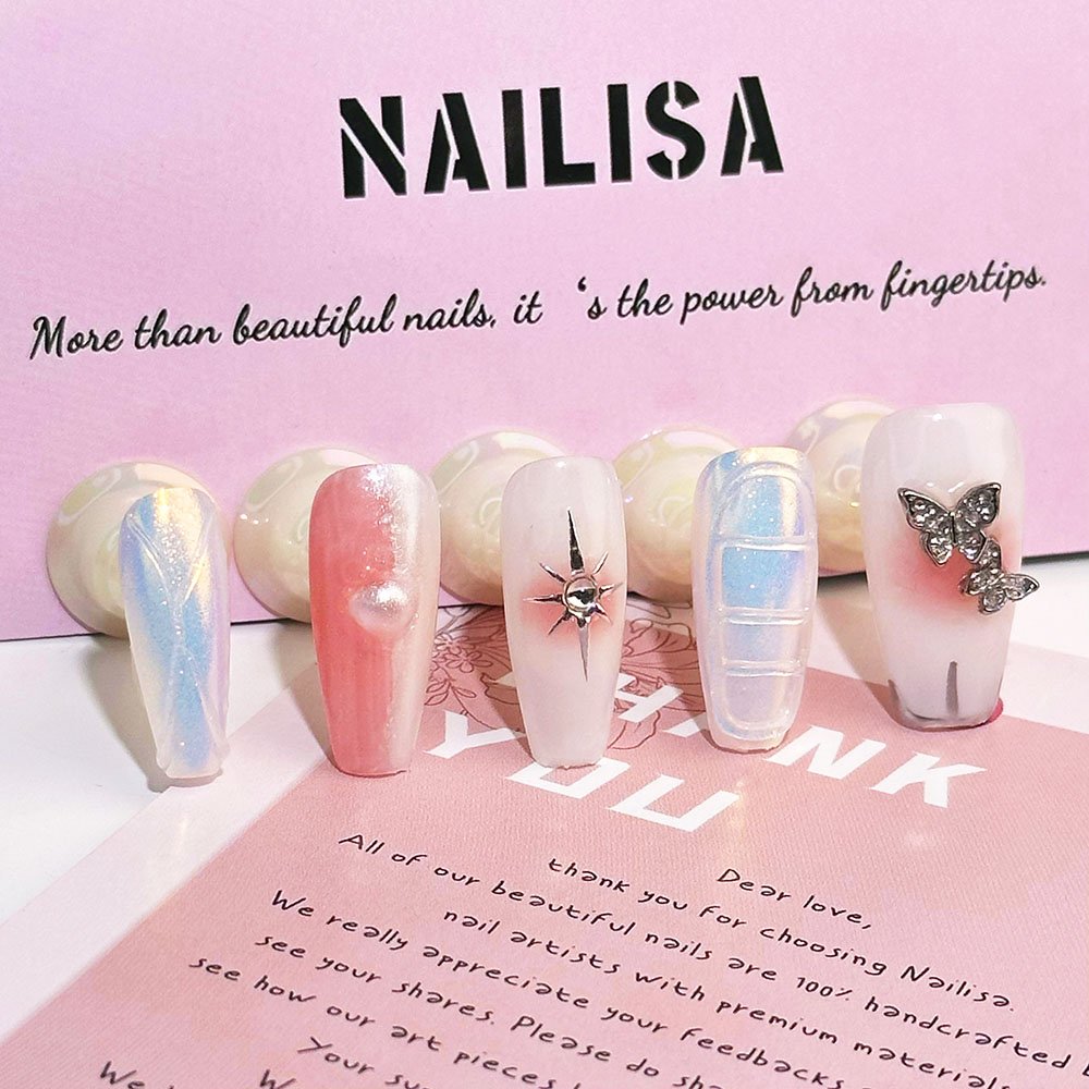 Ongles press-on argent et rose avec nœud métallique et dégradé blush | Longs - Image 4