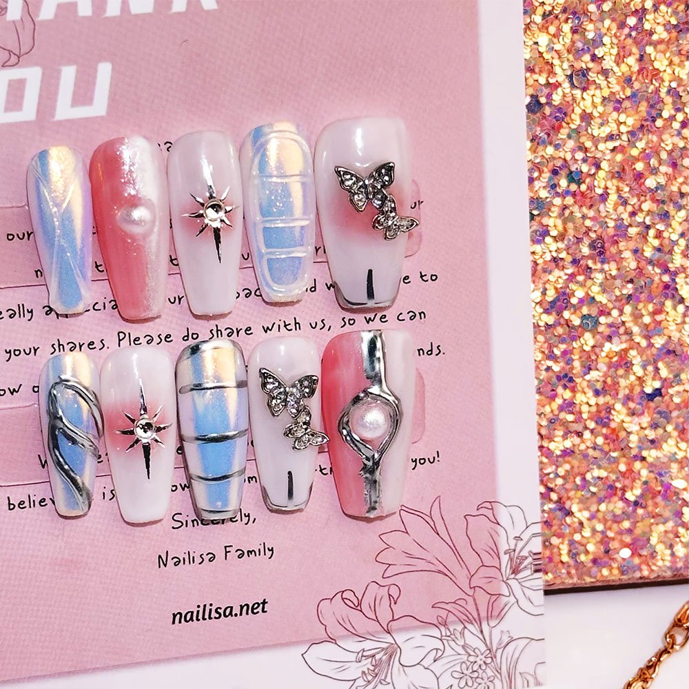 Ongles press-on argent et rose avec nœud métallique et dégradé blush | Longs - Image 5