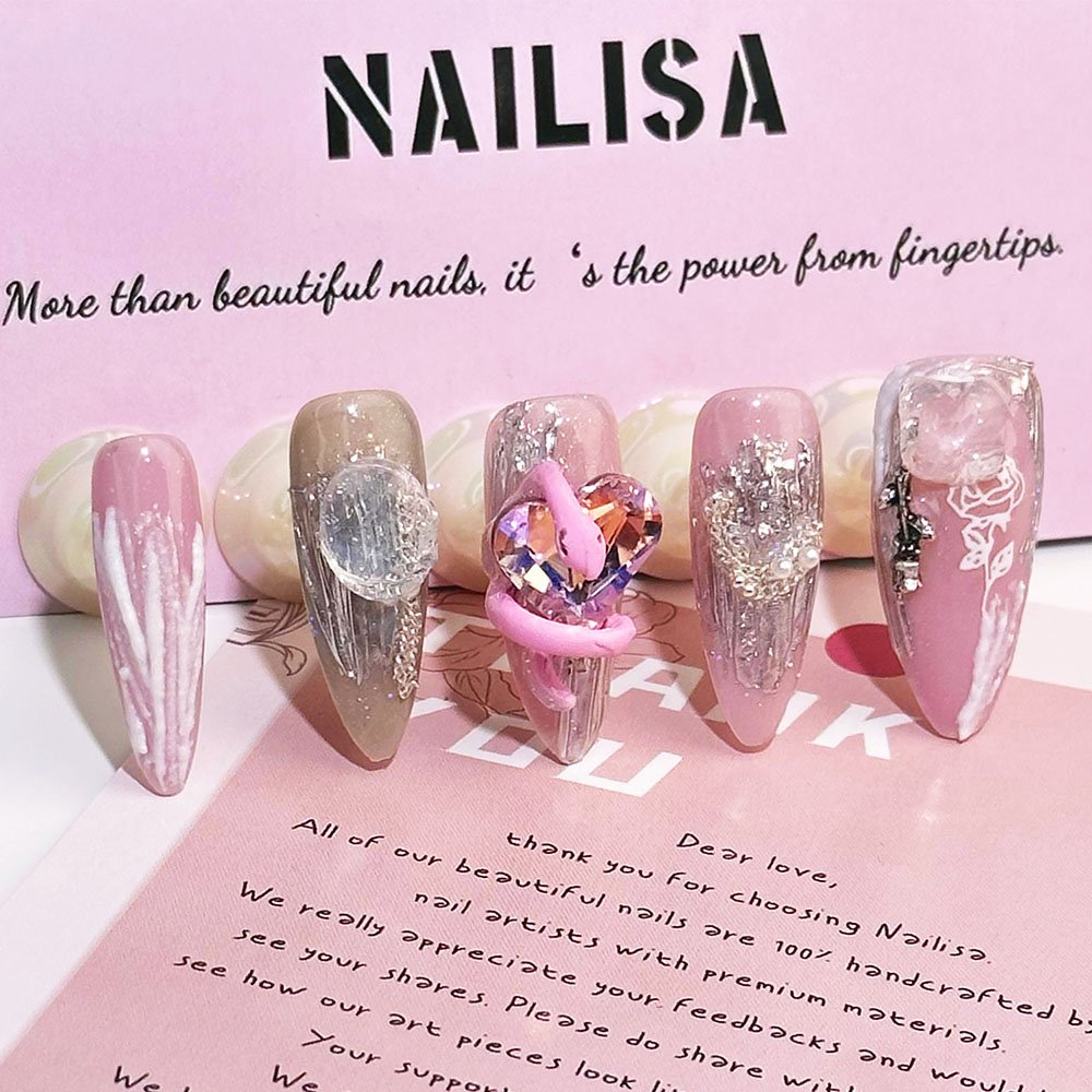Ongles press-on stiletto rose et violet fondus avec nœud papillon 3D | Longs - Image 4