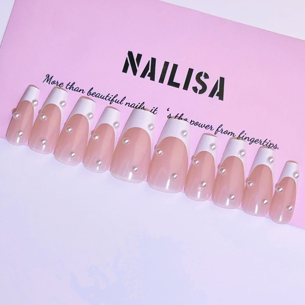 Minimal Nude Pink French Gradient Trapezoid Press-On Nails with Pearls | Long Bridal