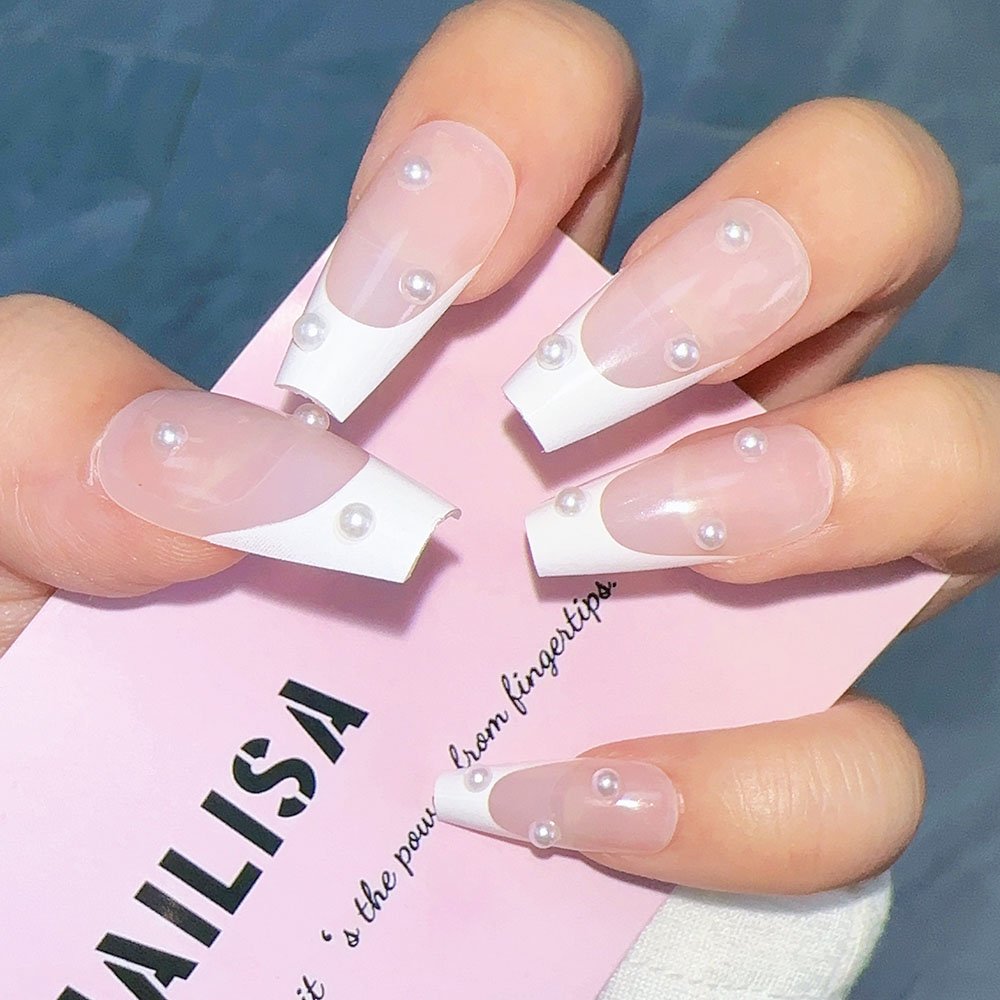 Minimal Nude Pink French Gradient Trapezoid Press-On Nails with Pearls | Long Bridal - Image 2