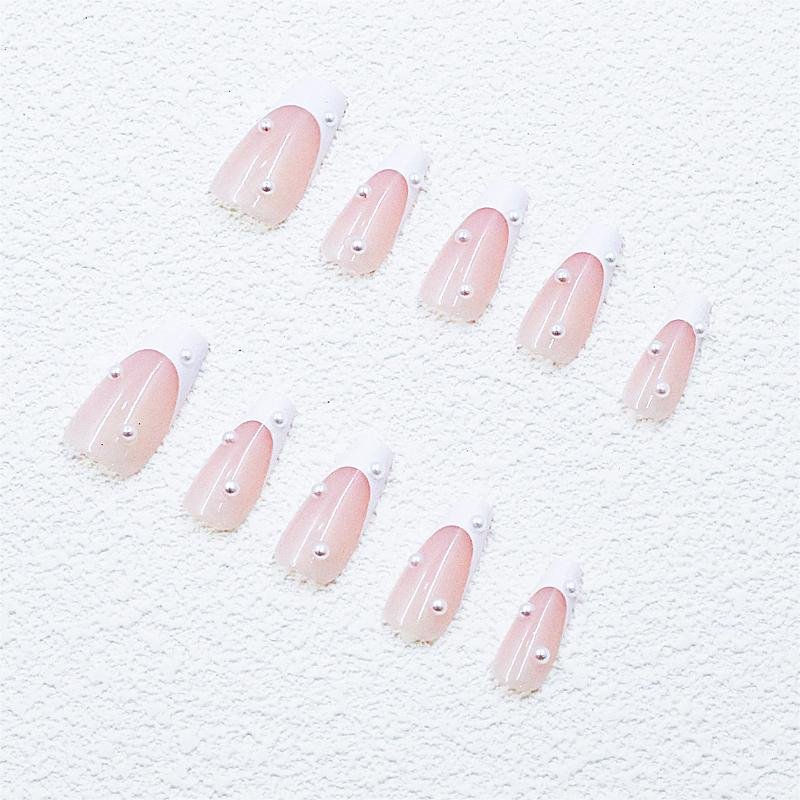 Minimal Nude Pink French Gradient Trapezoid Press-On Nails with Pearls | Long Bridal - Image 3