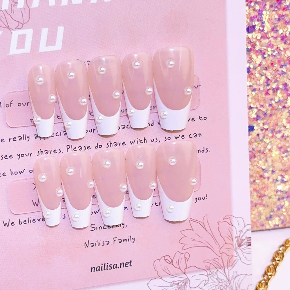 Minimal Nude Pink French Gradient Trapezoid Press-On Nails with Pearls | Long Bridal - Image 5