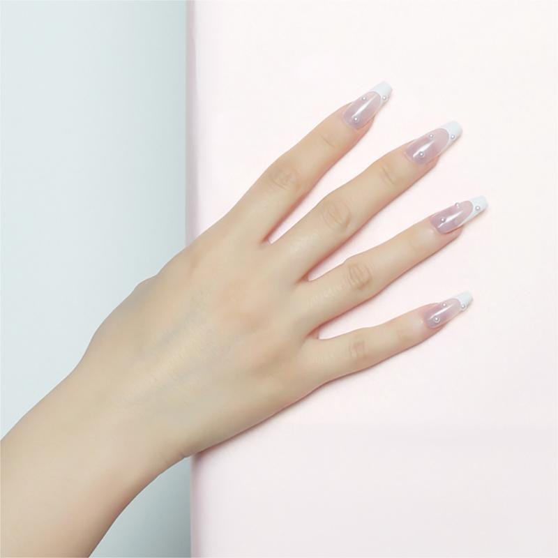 Minimal Nude Pink French Gradient Trapezoid Press-On Nails with Pearls | Long Bridal - Image 6
