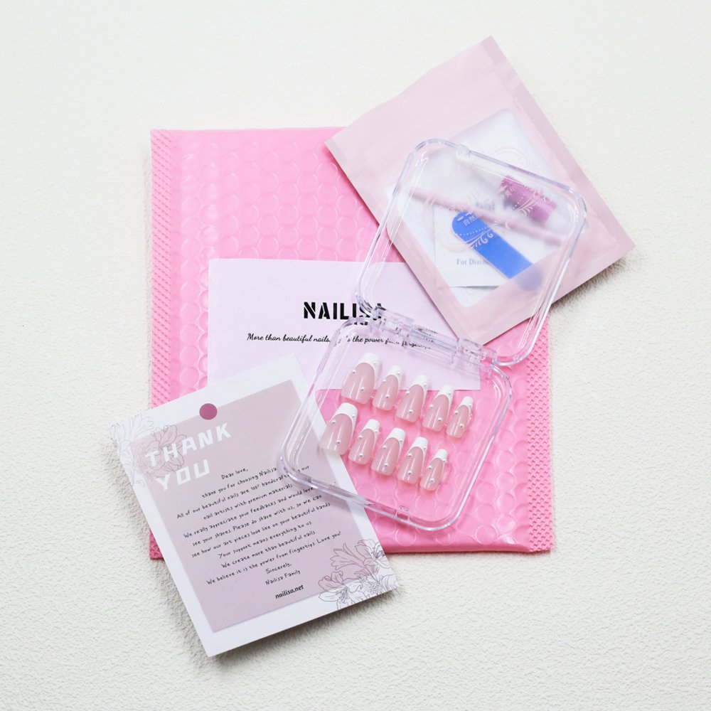 Minimal Nude Pink French Gradient Trapezoid Press-On Nails with Pearls | Long Bridal - Image 7